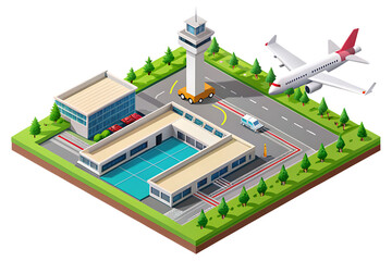 Isometric airport with airplane, control tower, and terminal on background isolated on a transparent background