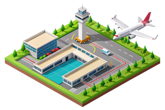 Isometric airport with airplane, control tower, and terminal on background isolated on a transparent background
