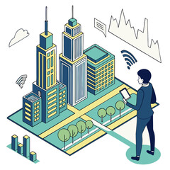 Vector art of isometric city with man using tablet