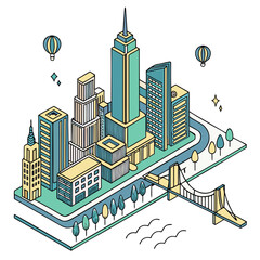 Vector art of isometric city illustration with skyscrapers, buildings, and a man on the street