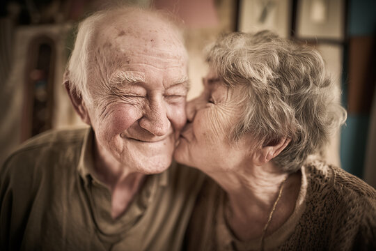 Elderly woman kisses an old man on the cheek with tender and love. Happy and loving couple in their 80s - Powered by Adobe