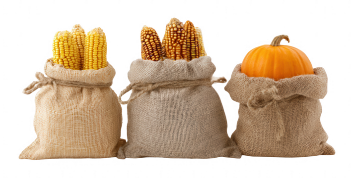 Three different corn, pumpkin, and burlap bags, jpeg, png, transparent