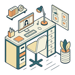 Vector art of isometric illustration of a desk with computer and office supplies