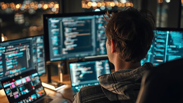 Young programmer debugging code on a laptop with multiple monitors showing live data streams, futuristic modern office interior.