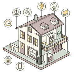 Vector art of isometric smart home illustration with appliances and technology devices