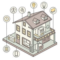Vector art of isometric smart home illustration with appliances and technology devices