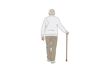 Obraz premium 杖をついて歩くシニア男性イラスト