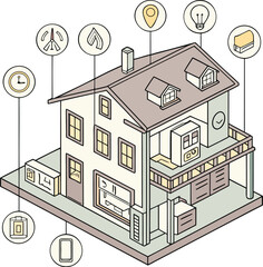 Vector art of isometric smart home illustration with appliances and technology devices