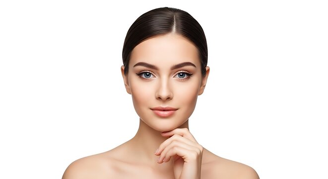 Close up portrait of a woman with brown hair and blue eyes on white background