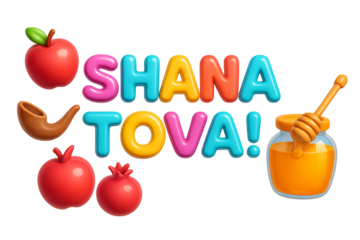 Rosh Hashanah text with apples, pomegranates, shofar, and honey jar. Isolated on transparent background