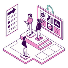 Vector art of isometric team meeting in virtual reality for business and technology