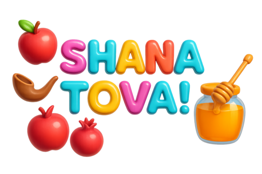 Rosh Hashanah text with apples, pomegranates, shofar, and honey jar. Isolated on transparent background