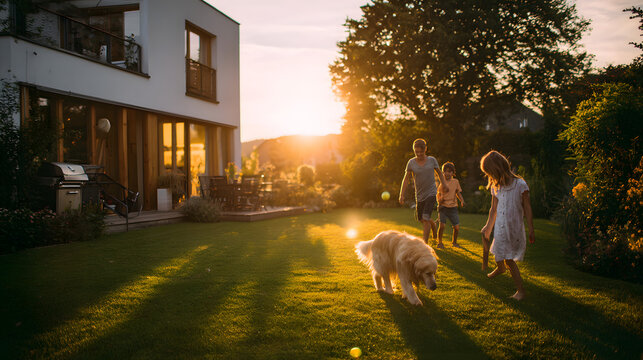 Joyful Family Fun in the Golden Hour Children playing with Dog in Green Garden Modern House with Barbecue Grill