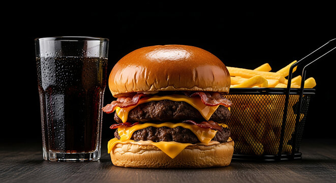 Delicious double cheeseburger with bacon fries and cola fast food indulgence