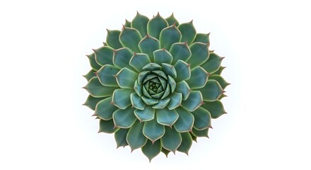 Beautiful green succulent plant top view isolated on white background, natural geometric rosette pattern
