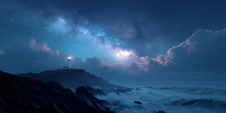 A glowing lighthouse on a rugged coast pierces a sea of fog with its beam, under the vast Milky Way galaxy, symbolizing guidance and cosmic wonder