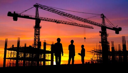 Silhouetted Construction Workers at Sunset with Tower Cranes