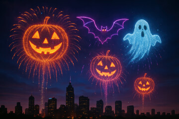 Halloween fireworks above city skyline. AI Generative.