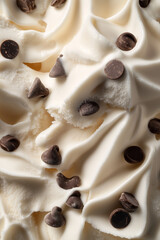 Close-up view of creamy vanilla ice cream swirled with rich chocolate chips