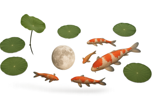 Koi fish swimming with full moon and lotus leaves for mid autumn festival. Isolated on transparent background