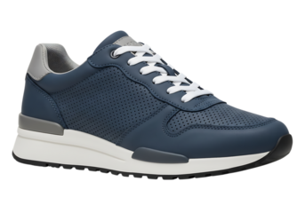 Dark blue athletic shoe with white laces isolated on transparent background