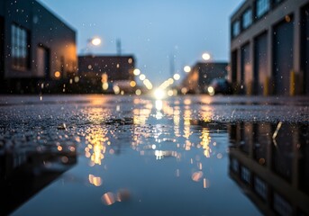 City street at dusk reflecting lights in wet pavement after rain
