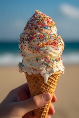 Enjoy a creamy vanilla ice cream cone with colorful sprinkles on a sunny beach day