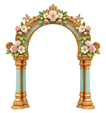 Arch with golden and light blue pillars inspired by Indian minarets with pink floral decorations on a transparent background