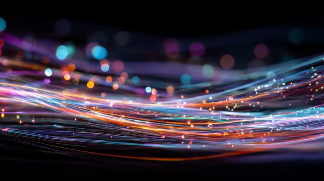 Dynamic glowing light trails with bokeh create a vibrant, energetic abstract background for technology and data concepts.