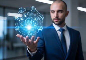 Businessman holding glowing digital brain and network icons
