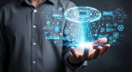 Futuristic technology concept with digital interface in a hand