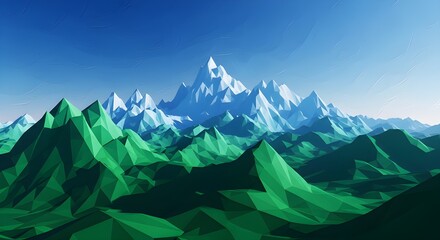 Fototapeta premium Vibrant geometric mountain landscape with crisp blue sky and green rolling hills