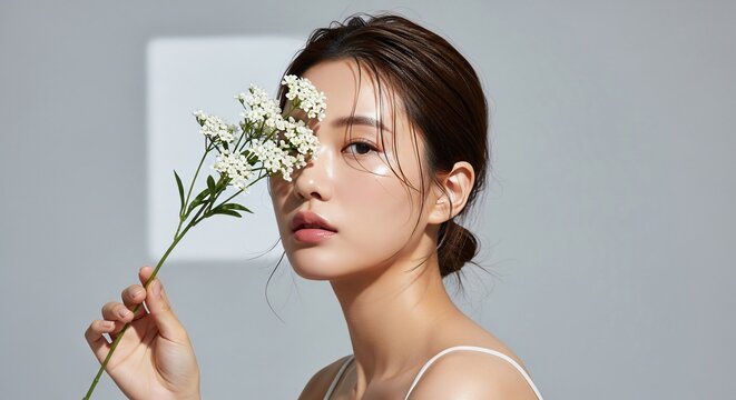 Portrait of a woman holding white wildflowers in front of her face softly lit