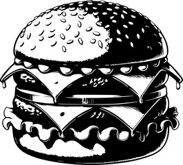 Detailed monochrome illustration of a double cheeseburger with sesame seed bun and dripping cheese