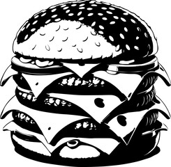 Illustration of a towering burger with multiple patties and cheese slices in black and white style