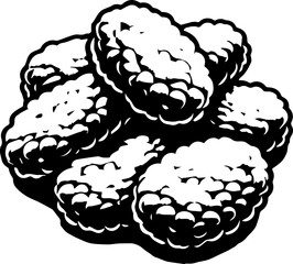 A monochrome illustration of a stacked pile of textured objects with small spheres scattered around it