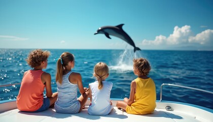 Children watch dolphin jump from yacht on sunny day. Kids experience marine life, ocean adventure, summer vacation joy. Group of friends on boat trip, sea exploration, blue skies, happiness.