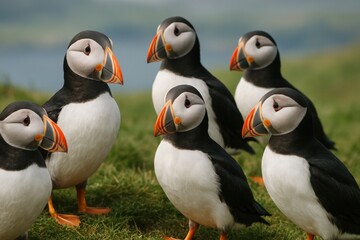 Naklejka premium Puffins gathered on grassy cliff.