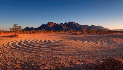 Desert sand spiral design at sunrise, mountains in background