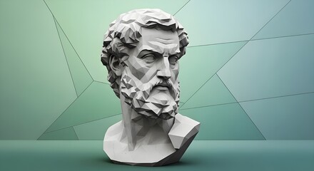Modern polygonal bust of ancient philosopher evokes timeless wisdom and intellectual pursuit