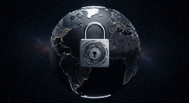 A Luminous Metallic Padlock Securing a Stylized Digital Globe in Deep Space.