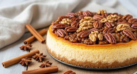 Fototapeta premium Delicious gourmet cheesecake topped with pecans and walnuts on wooden surface with spices