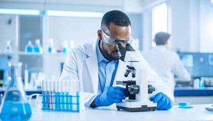 Focused Scientist Examining Sample Under Microscope in Modern Lab