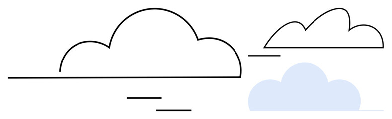 Abstract depiction of clouds with clean black outlines and a soft blue cloud. Ideal for nature, weather, sky, simplicity, minimalism, design, calm mood themes. Flat simple metaphor