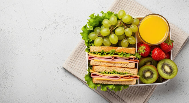 Delicious healthy lunch box featuring sandwich, fruits and fresh orange juice for a balanced meal