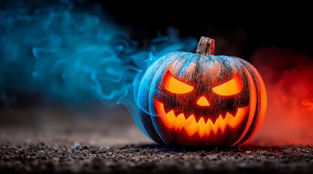 Frosted Halloween Pumpkin with Glowing Face in Blue and Red Smoke