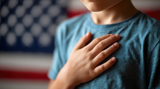 A young child places a hand on their heart before the American flag, pledging allegiance