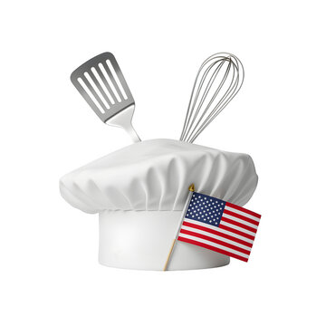 Chef??s hat with mini American flag and spatula crossing behind, honoring kitchen staff, isolated on white background