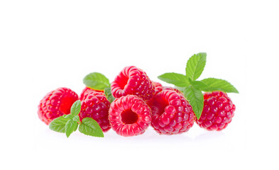 Raspberry with leaves isolated on white background