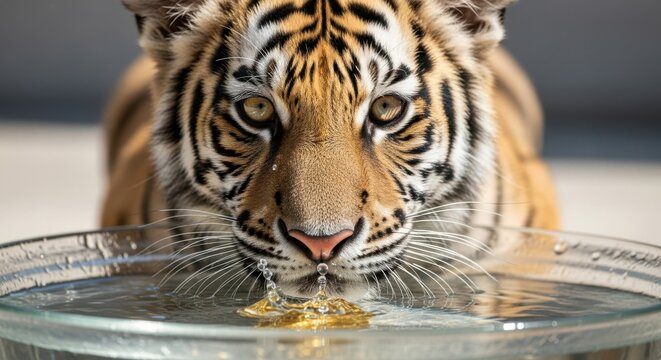 Majestic Tiger Cub Drinking Water in a Clear Bowl - Powered by Adobe